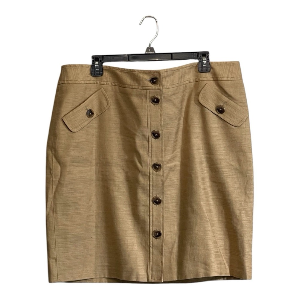 ANNE KLEIN Sz 16 Linen Blend Skirt Knee Tan Button Front Luxury Chic Safari